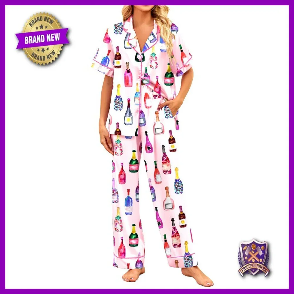 Satin Pajama Set 2 Piece Button Down Sleepwear Short Sleeve Loungewear